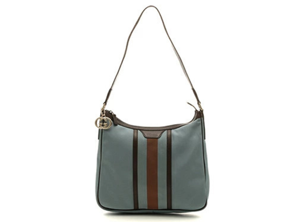 Gucci Webbing Hobo Bag Canvas Calfskin Blue Dark Brown